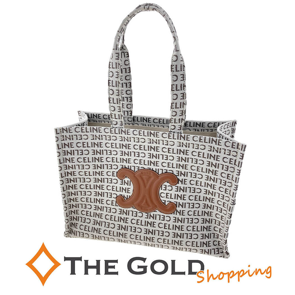 Celine Cabatice Tote Bag Canvas Handbag White Brown